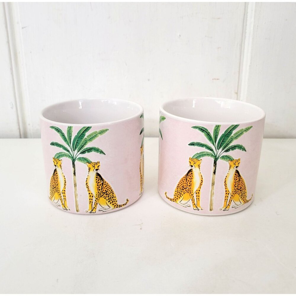 Set Of 2 Bluebird & Willow British Design Ceramic Mugs With Leopard & Palm Tree - Picture 2 of 9